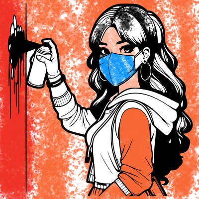 realistic girl with mask spray painting a wall