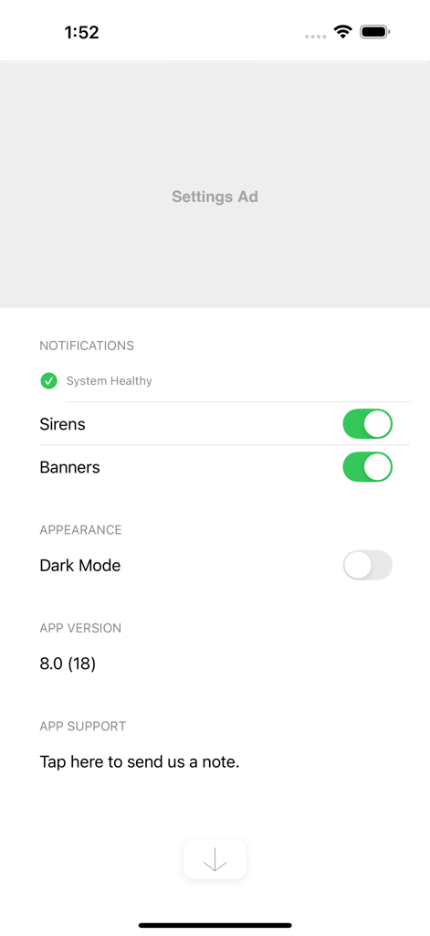 Settings interface of the Drudge Report official app for managing notifications and appearance