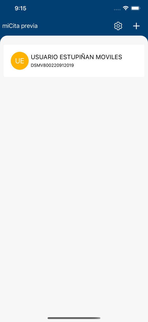 miCita previa - Main screen of the miCita previa app displaying a saved favorite user for health care appointments.