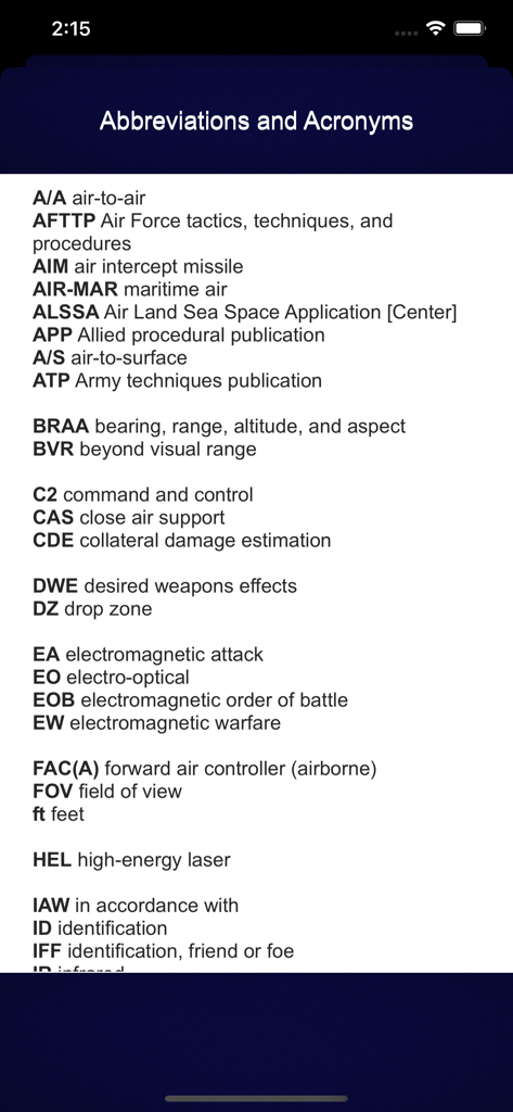 List of tactical abbreviations and acronyms in the Brevity Code reference app.