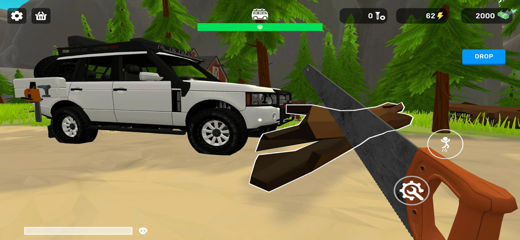 RV Camper Escape the Mountains - Die Ego-Perspektive eines Spielers, der mit einer Handsäge Holz neben einem weißen Geländewagen im Wald schneidet