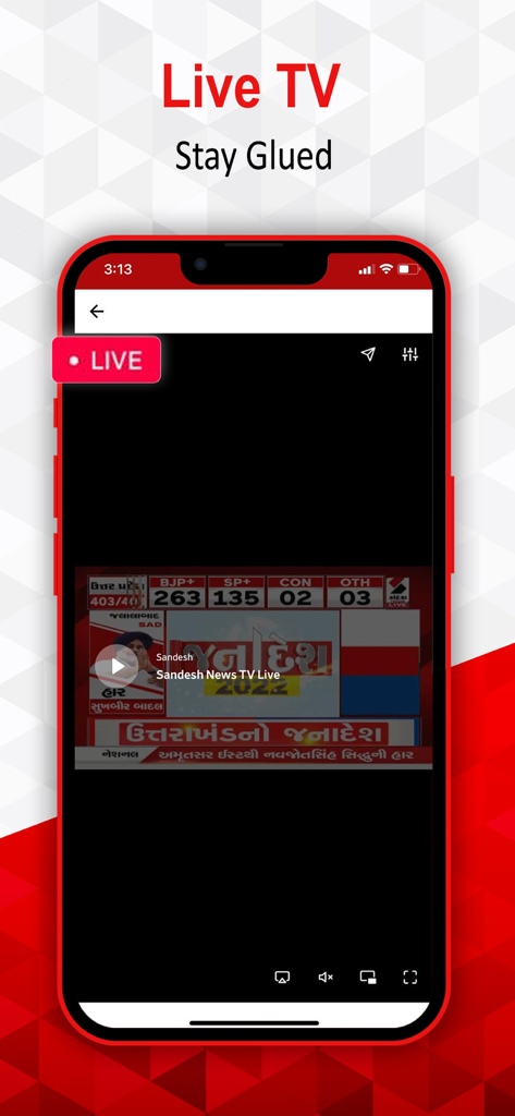 Una pantalla de smartphone mostrando la función de TV en vivo de la aplicación Sandesh News con una transmisión en vivo en gujarati.