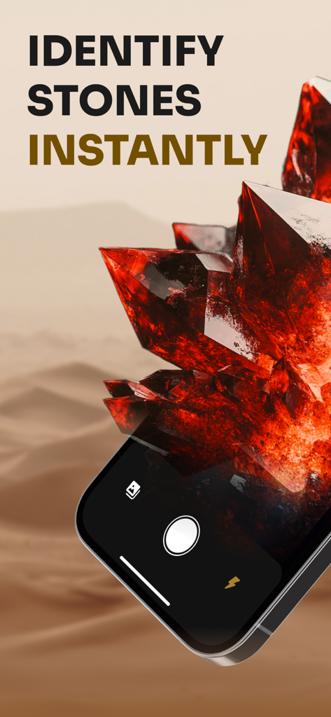 Rock Scanner: Identify Stone - Smartphone scanning a red crystal with the Rock Scanner app in a desert setting.