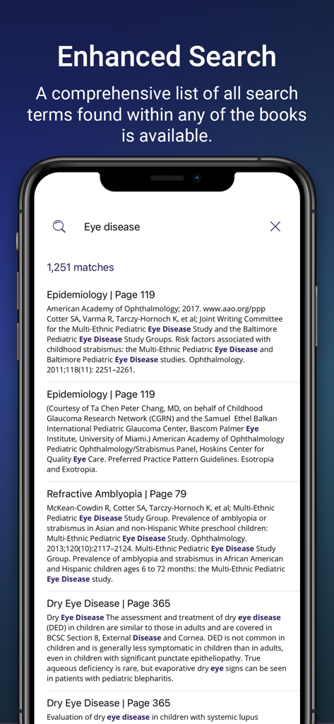 AAO eBooks - Enhanced search feature in the AAO eBooks app showing results for eye disease