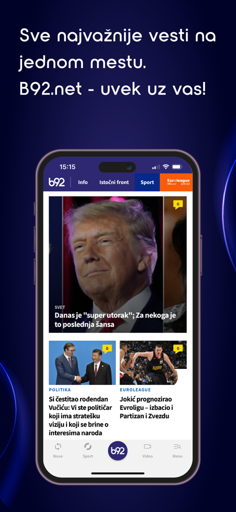 B92 Serbian news app homepage with headlines on global politics and sports.