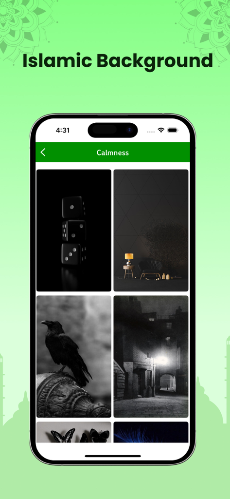 Uzbek Quran app interface showing a collection of aesthetic Islamic wallpapers in the Calmness category.