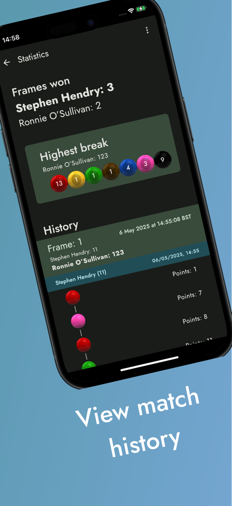 SnookerMate Snooker Scoreboard - SnookerMate app interface showing match history and player statistics including highest break