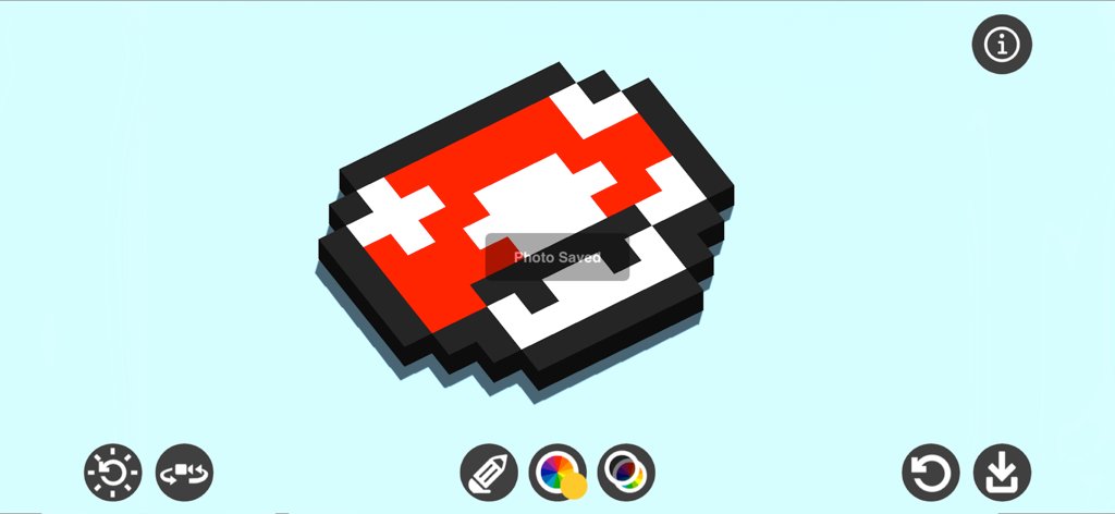 Pixel Draw 3D - Ein 3D-Voxel-Pilz-Kunstwerk in der Pixel Draw 3D App-Oberfläche, die Zeichenwerkzeuge und Beleuchtungsoptionen zeigt