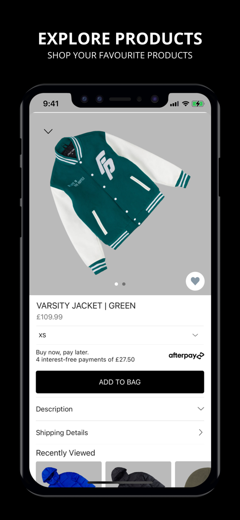 FULLYPAID CLOTHING - A mobile app product page for a green and white FullyPaid varsity jacket with pricing and add to bag button.