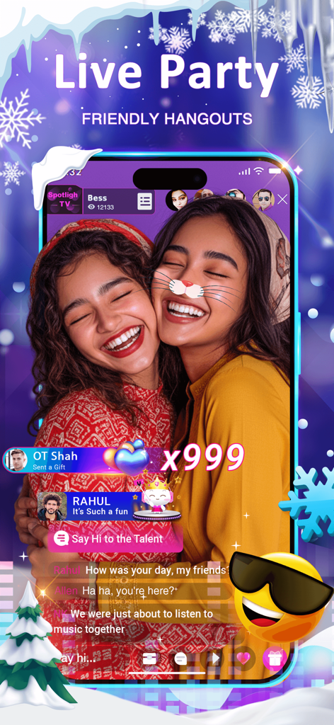 StreamKar - Live Video Chat - A screenshot of the StreamKar app showing two women in a live party video chat with a festive winter theme and social interaction features.