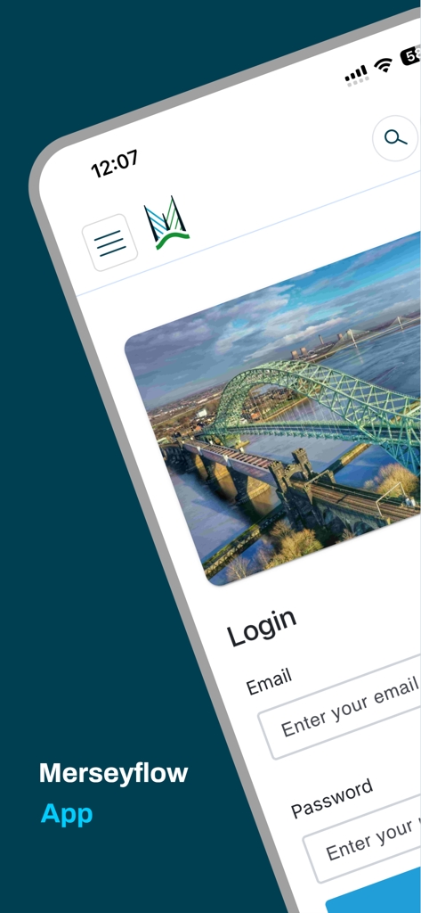 Merseyflow Quick Pay - Login screen of the Merseyflow Quick Pay app showing email and password input fields and a bridge illustration.