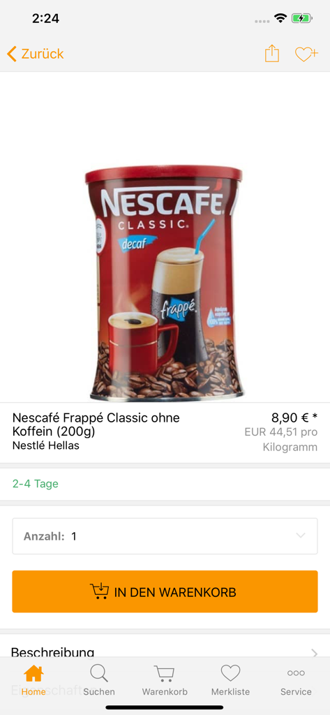 Página de producto para Nescafé Frappé Classic descafeinado en la aplicación móvil NIKtheGreek.