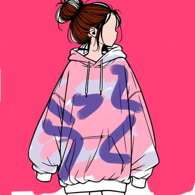 realistic girl with a oversized sweatshirt on and a bun