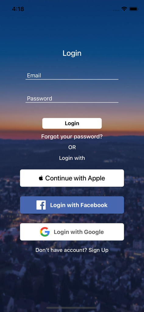Cityseeker mobile app login page with email password and social login buttons