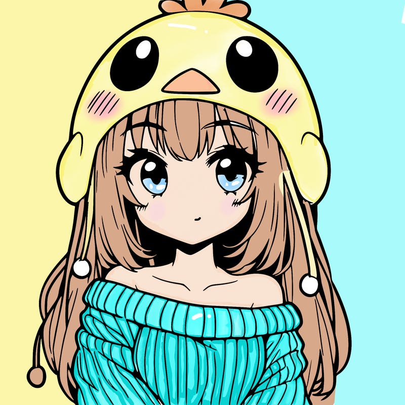 anime girl with chick shaped hat with sweater with bare shoulders with bangs covering them one eye with low tail