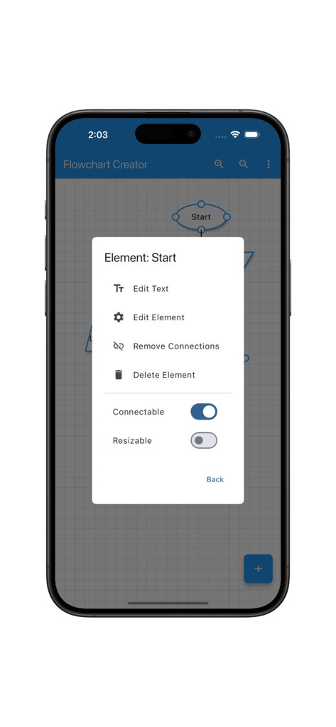 Flowchart Creator(Pro) - Flowchart Creator Pro app showing element editing options on a mobile device
