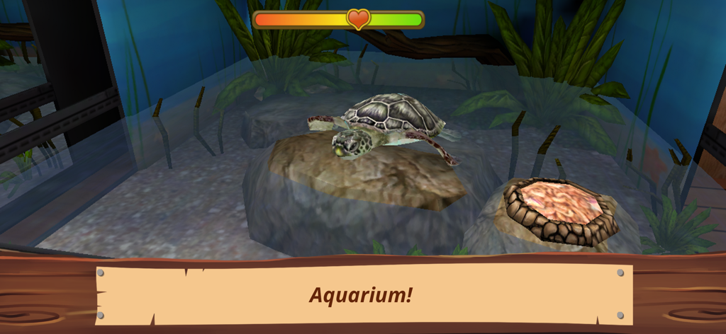 Une tortue marine se reposant sur un rocher à l'intérieur d'un aquarium 3D dans le jeu Pet World.