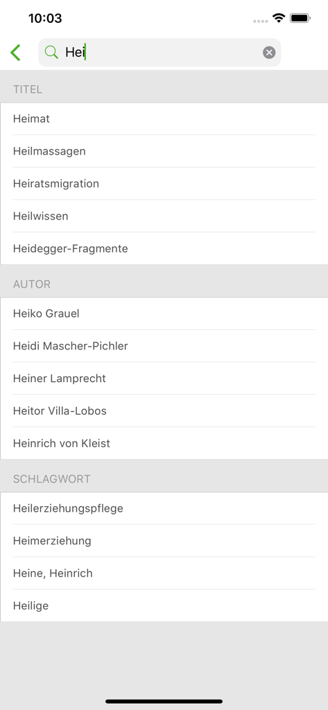 Search interface of the Onleihe app showing categorized suggestions for titles authors and keywords in German.