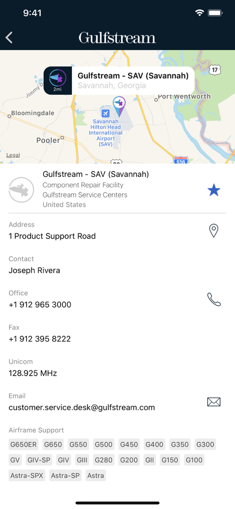 Interface of the Gulfstream app showing contact details and map for the Savannah service center.