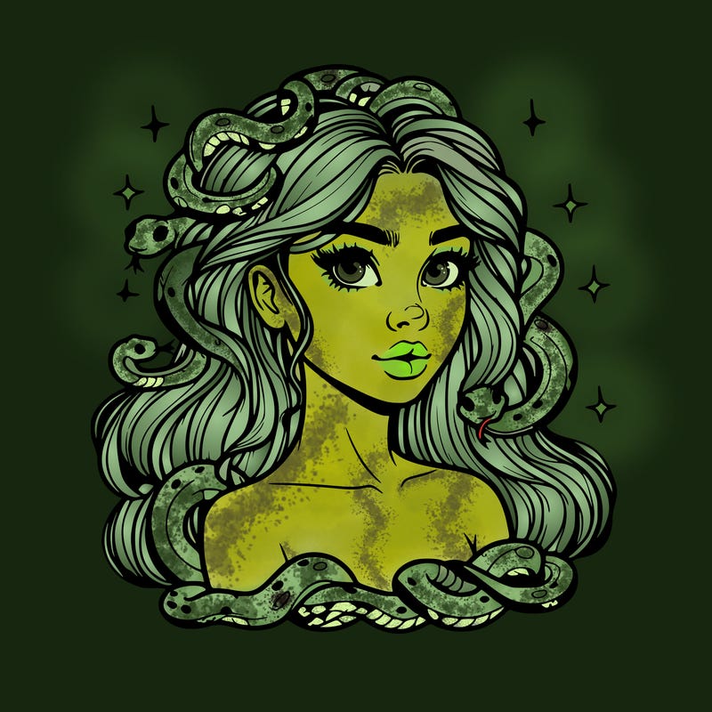 realistic girl with snakes as hair