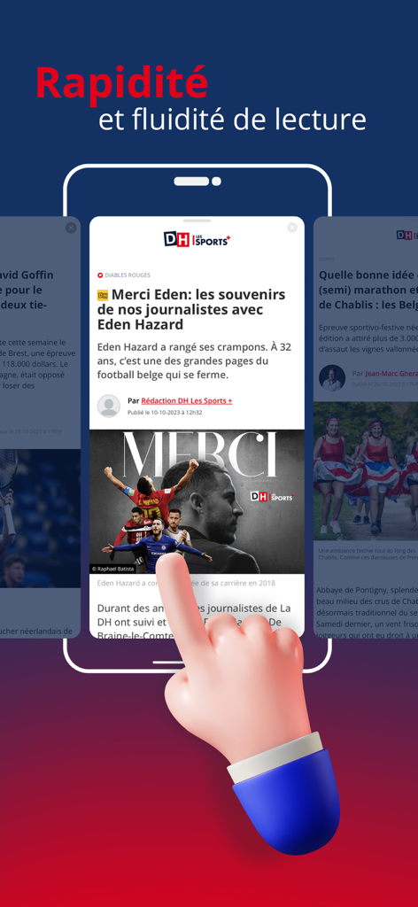 Ein Smartphone, das die Nachrichten-App DH Les Sports Plus mit einem Artikel über Eden Hazard und einer Hand, die die Wischnavigation demonstriert, anzeigt.