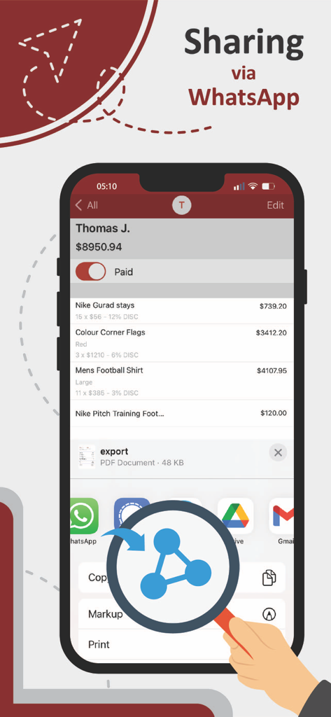 Invoice Maker : Easy & Speedy - A mobile interface showing an invoice ready to be shared via WhatsApp and other communication apps