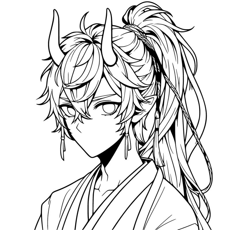 realistic anime boy with horns and long messy hair in ponytail