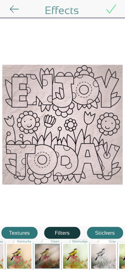 Color Therapy Coloring Pages - Página para colorear con el texto 'Disfruta Hoy' y diseños de flores con opciones de filtros y texturas.