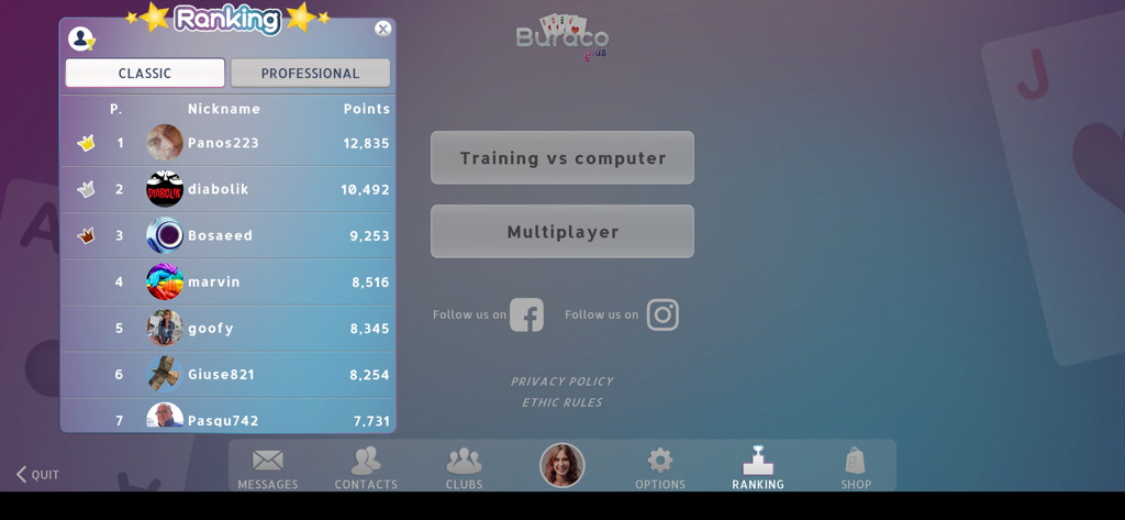 Buraco Plus - Buraco Plus card game ranking menu showing classic mode leaderboard