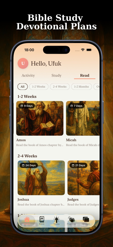 Bible Widget Verse of the Day - Bible app screen showing scripture study plans categorized by duration with classical religious art cards