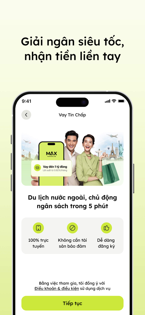 Max - Screenshot dell'interfaccia dell'app Max by VIB che mostra opzioni di prestito non garantito per budget di viaggio e stile di vita.