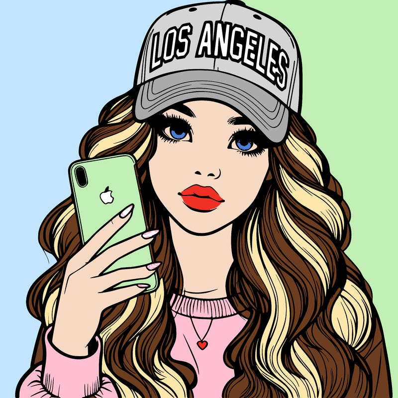 realistic beautiful girl wearing los ángeles cap holding an iphone