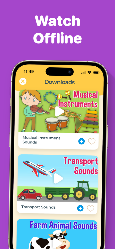 Learn to Talk - Learn to Talk app interface showing the downloads screen for watching educational videos offline