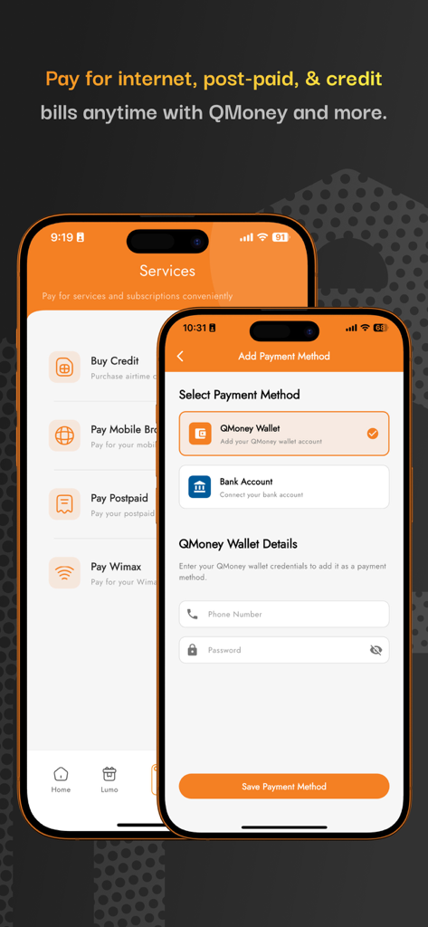 QCELL - Two iPhone screens displaying the QCELL app services menu and the add payment method interface with options for QMoney and bank accounts