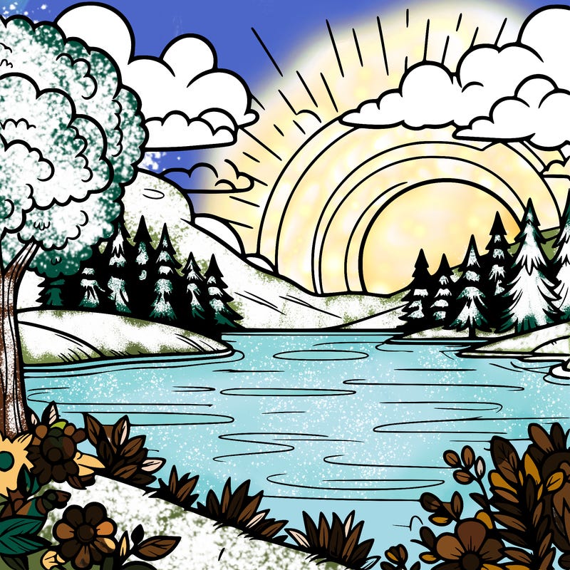 really pretty landscape with a beautiful lake, trees and a sunset