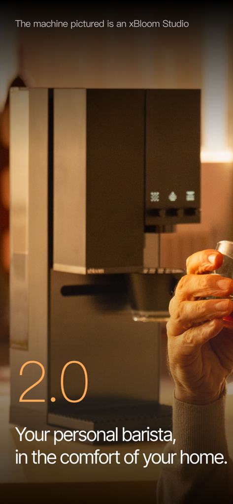 An xBloom Studio coffee machine in a modern home kitchen with the text Your personal barista in the comfort of your home