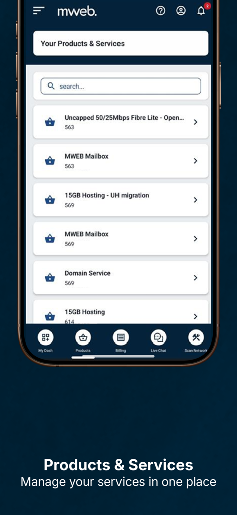 Mweb mobile app screen displaying a list of active products and services like fibre and web hosting