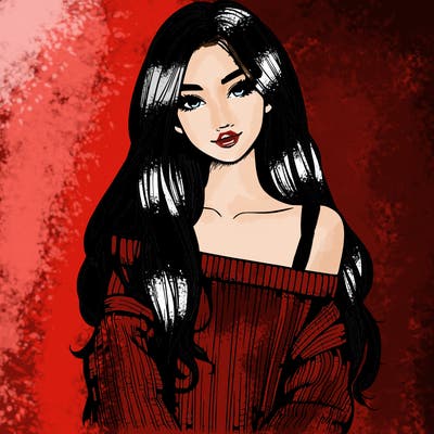 realistic girl with long hair wearing an off the shoulder sweater