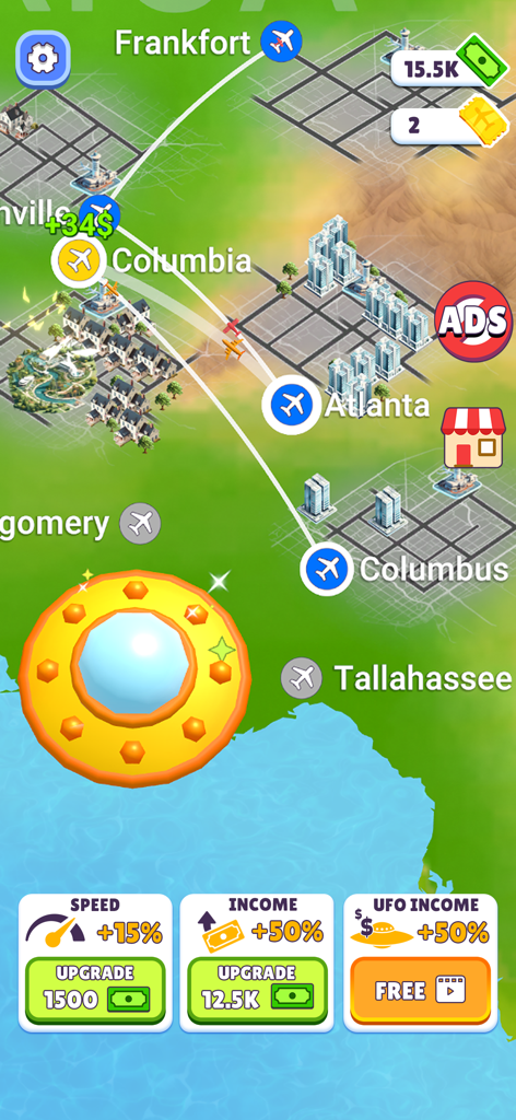 Fly Connect: Explore the World - Gameplay screenshot of Fly Connect showing airline routes on a US map with a golden UFO bonus and upgrade menu