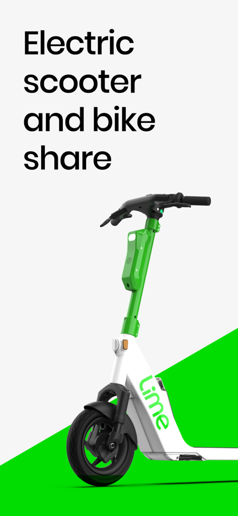 A Lime electric scooter for shared urban transportation with text reading electric scooter and bike share