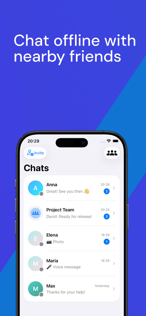 Proxima - Offline Messenger - Screenshot of the Proxima app showing the offline chat message list