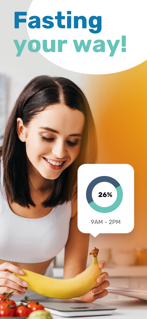 Intermittent Fasting - MyFast - A woman using the MyFast app to track her intermittent fasting progress and eating window while preparing food.