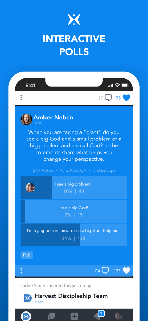 Harvest Discipleship - Harvest Discipleship app screenshot showing an interactive poll on spiritual perspective within a faith-based community.