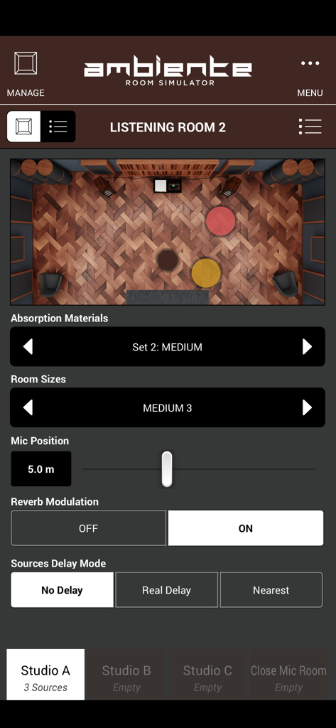 Ambiente Room Simulator - Top-down view of a virtual listening room in the Ambiente app showing sound source positioning and acoustic settings