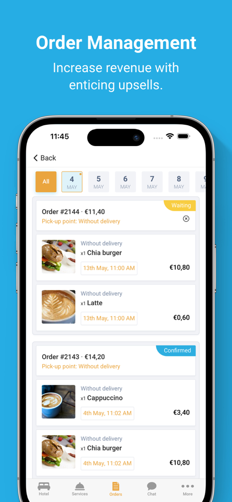 HotelFriend Guest Concierge - HotelFriend Guest Concierge mobile app interface showing a list of room service food and beverage orders with status and prices