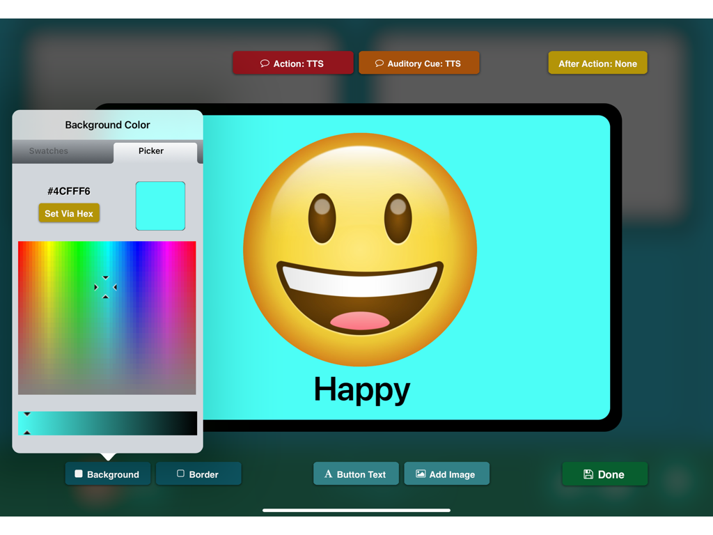 A customization screen in GoTalk NOW LITE showing a color picker used to set the background for a button featuring a smiley face and the word Happy