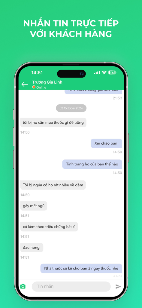 Medigo Đối Tác - Medigo Partner app screenshot showing the direct messaging interface between a pharmacist and a customer for medical consultations