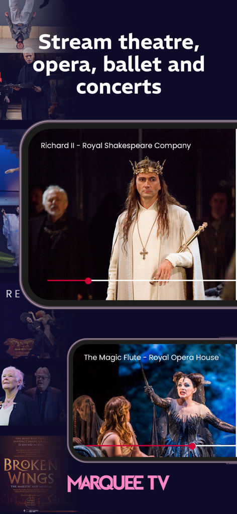 Marquee TV app screen showcasing theatre and opera performances from the Royal Shakespeare Company and Royal Opera House