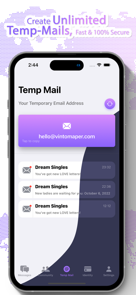 Interfaccia dell'app Ricevi SMS che mostra il generatore di email temporanee e la casella di posta
