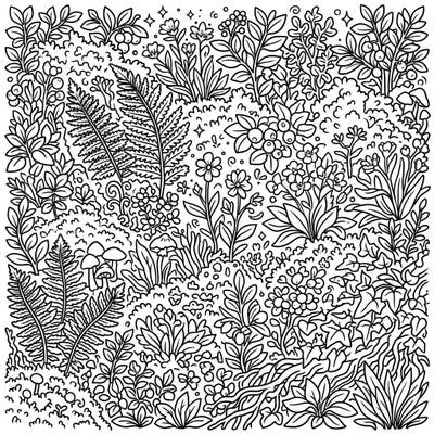 Explore the hidden world of the forest floor with this intricate coloring page, brimming with diverse plants, ferns, and berries. It's a perfect challenge for nature lovers and detailed-oriented colorists alike.